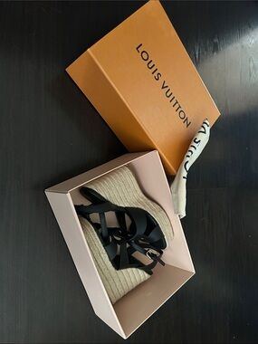 Louis Vuitton Black Leather Espadrille Wedge Sandals with Natural Jute